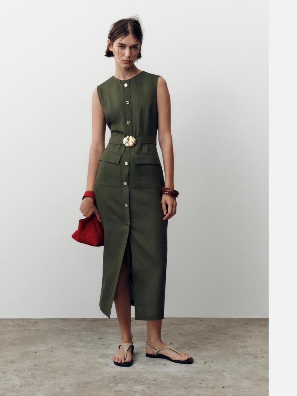 Zara Olive Green Sleeveless Button-Front Midi Dress with Statement Belt